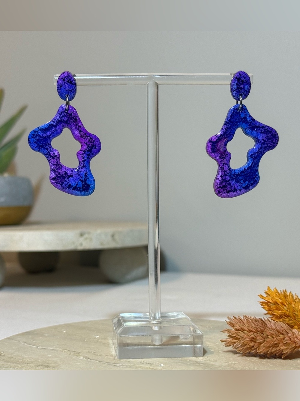 Handmade Blue Purple Resin Statement Earrings